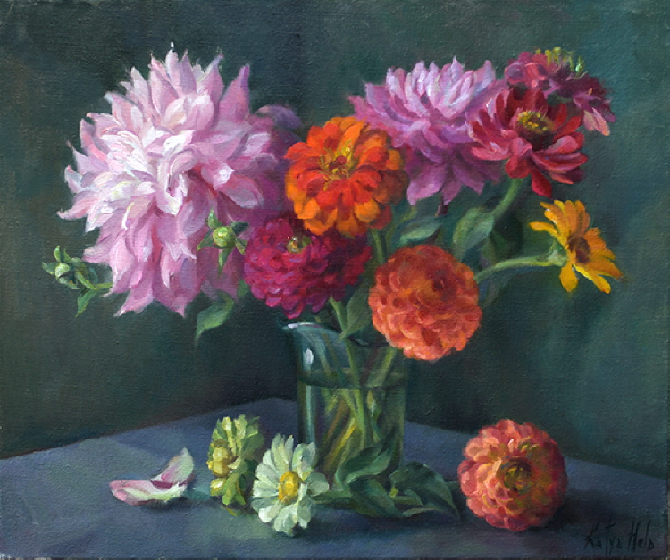 Still Life with Zinnias, Dahlias & Gerberas. 2017